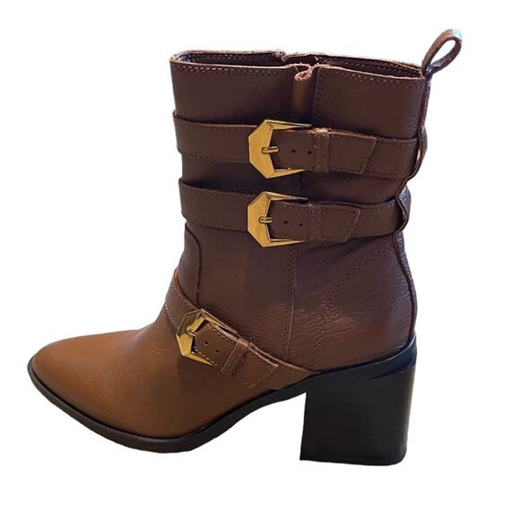 Vince Camuto Leather Buckle Mid-Shaft Zip Boots Kempreea Cocoa Biscuit 9.5 NIB - Picture 2 of 12